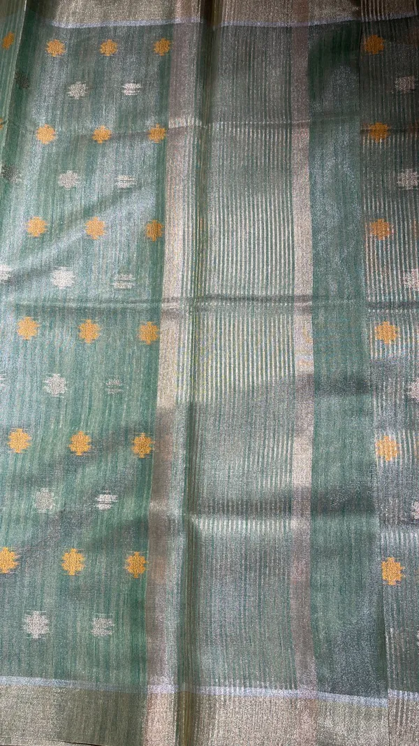 Humairah_Presents_Sea_Green_Tissue_Silk_Gold_and_Silver_Resham_Zari_Booti_with_Stripe_Light_Gold_Zari_Pallu_and_Border_with_Stripe_Blouse