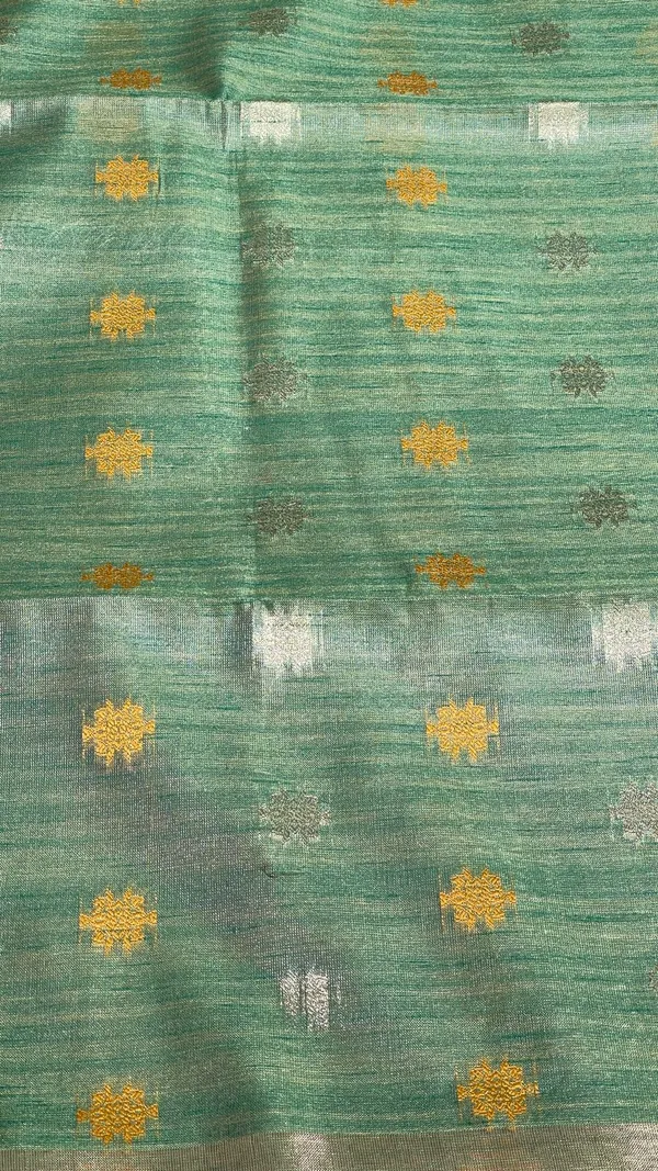 Humairah_Presents_Sea_Green_Tissue_Silk_Gold_and_Silver_Resham_Zari_Booti_with_Stripe_Light_Gold_Zari_Pallu_and_Border_with_Stripe_Blouse