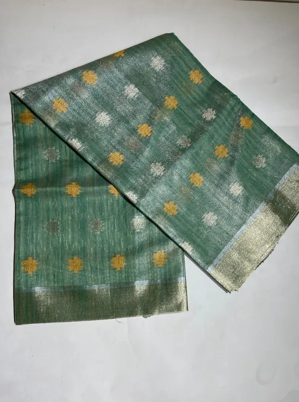 Humairah_Presents_Sea_Green_Tissue_Silk_Gold_and_Silver_Resham_Zari_Booti_with_Stripe_Light_Gold_Zari_Pallu_and_Border_with_Stripe_Blouse
