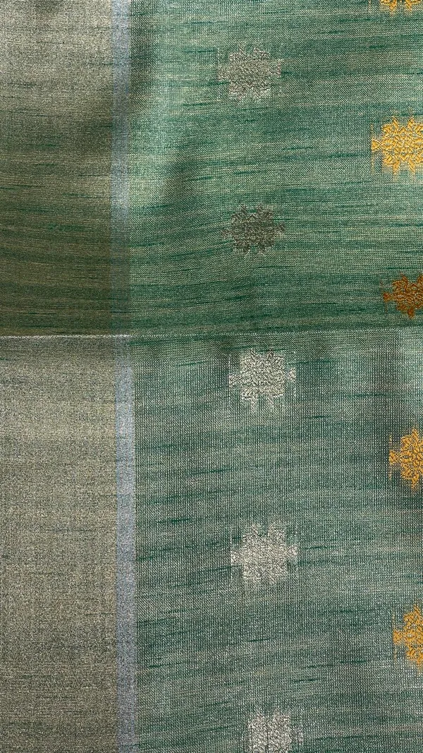 Humairah_Presents_Sea_Green_Tissue_Silk_Gold_and_Silver_Resham_Zari_Booti_with_Stripe_Light_Gold_Zari_Pallu_and_Border_with_Stripe_Blouse