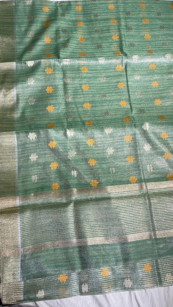 Humairah_Presents_Sea_Green_Tissue_Silk_Gold_and_Silver_Resham_Zari_Booti_with_Stripe_Light_Gold_Zari_Pallu_and_Border_with_Stripe_Blouse