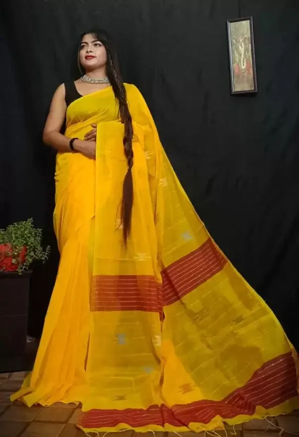 Yellow_Self_Design_Handloom_Cotton_Silk_Saree