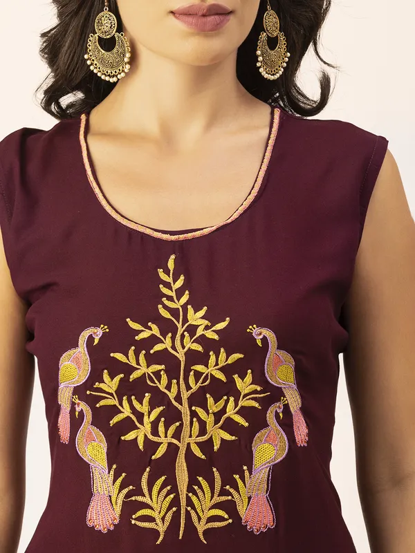 Wine_Rayon_Women_Kurta,_Exquisite_Embroidery_with_Crystal_&_Pearl_Hand_Work