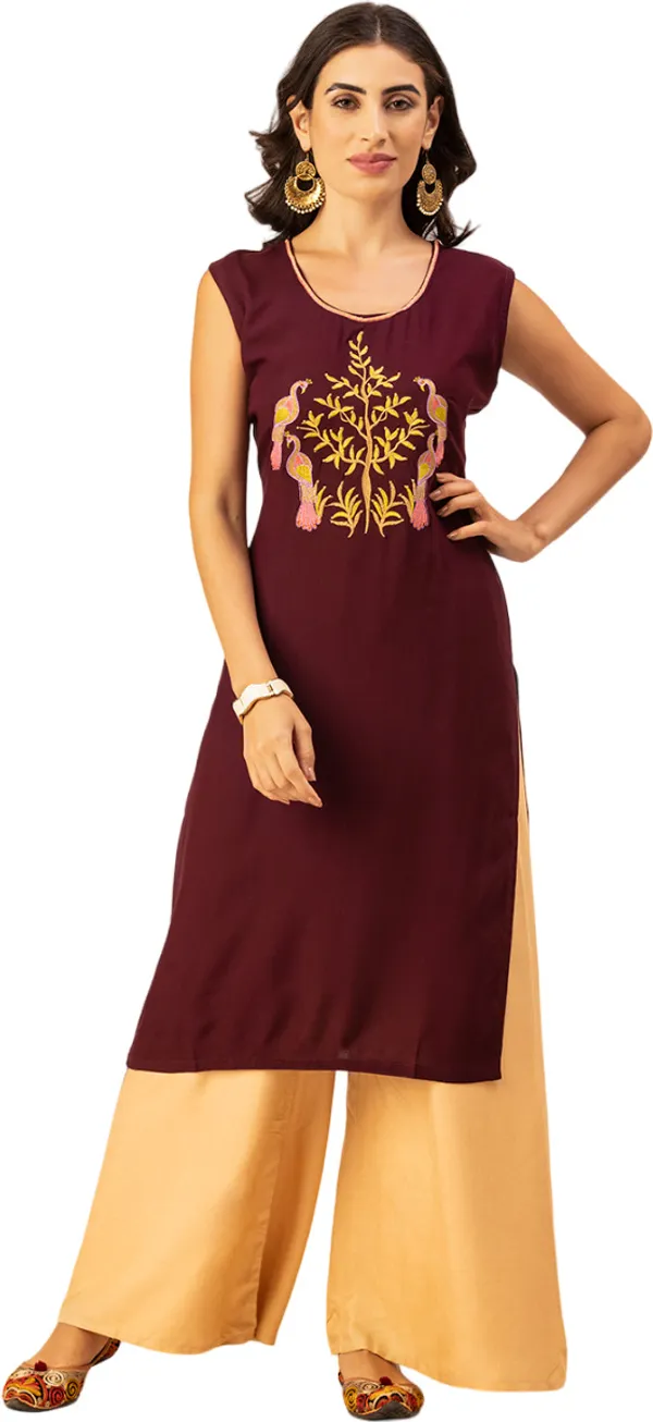 Wine_Rayon_Women_Kurta,_Exquisite_Embroidery_with_Crystal_&_Pearl_Hand_Work