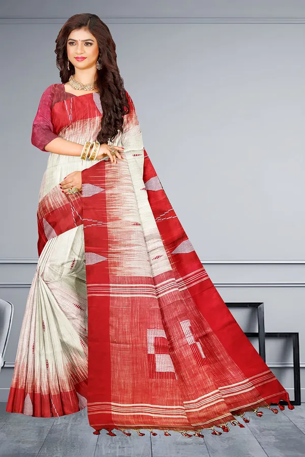 White_Ikat_Pattern_Cotton_Silk_Weaving_Handloom_Saree