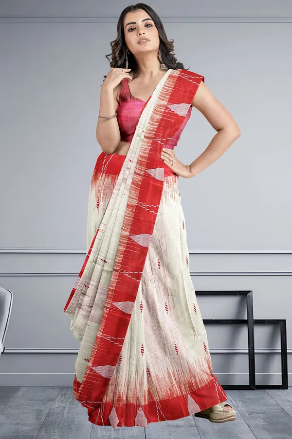 White_Ikat_Pattern_Cotton_Silk_Weaving_Handloom_Saree