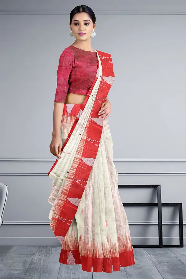 White_Ikat_Pattern_Cotton_Silk_Weaving_Handloom_Saree
