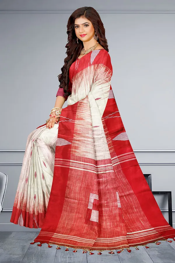 White_Ikat_Pattern_Cotton_Silk_Weaving_Handloom_Saree