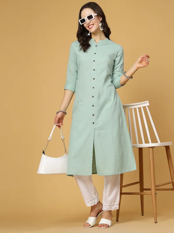 Mint_Green_Cotton_Solid_Regular_A-line_Kurta