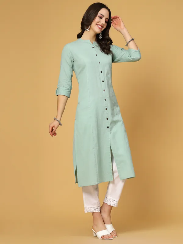 Mint_Green_Cotton_Solid_Regular_A-line_Kurta