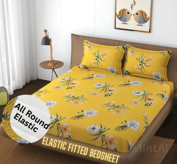YELLOW_Premium_Fitted_Floral_Bedsheet_(72X78X_Up_to_10_Inches)_&_360_Degree_Elasticated