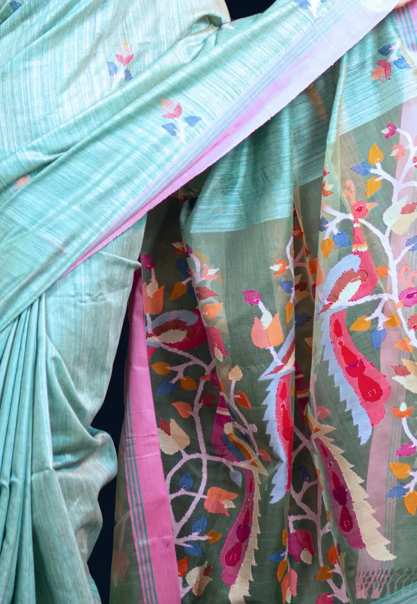 Sea_Green_&_Pink_Handwoven_Matka_Jamdani_Saree-Aranya_Katha