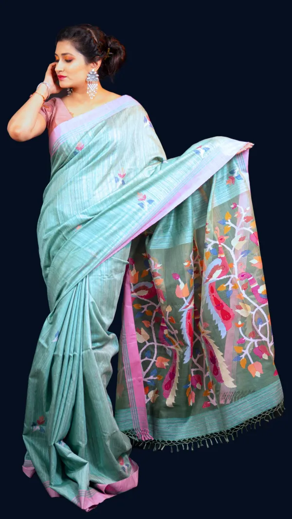 Sea_Green_&_Pink_Handwoven_Matka_Jamdani_Saree-Aranya_Katha