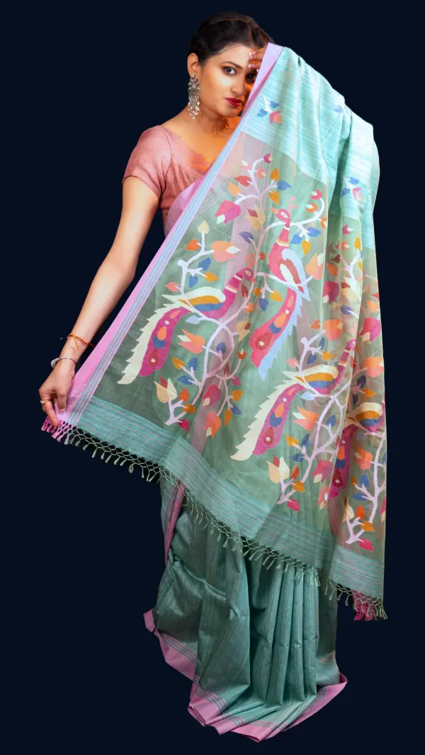 Sea_Green_&_Pink_Handwoven_Matka_Jamdani_Saree-Aranya_Katha