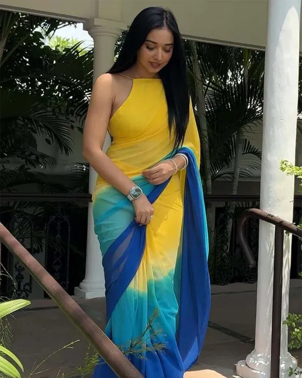 Yellow_And_Blue_Colour_1-Minute_Ready_To_Wear_Georgette_Saree_With_Blouse_Piece