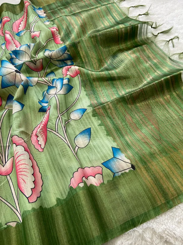 Darika_Green_–_Navratri_Special_|_Soft_Tussar_Silk_Saree_with_Print,_Pallu_&_Zari_Border_&_Contrast_Print_Blouse_with_Tassels