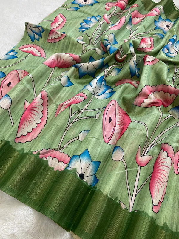 Darika_Green_–_Navratri_Special_|_Soft_Tussar_Silk_Saree_with_Print,_Pallu_&_Zari_Border_&_Contrast_Print_Blouse_with_Tassels