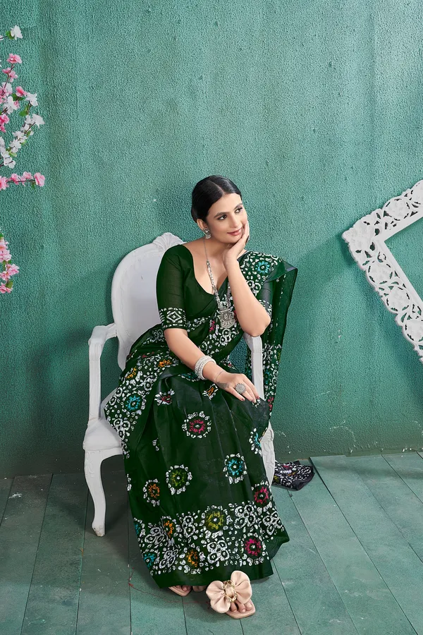 Ikkat_Print_Pure_Soft_Cotton_saree_With_Blouse_Piece