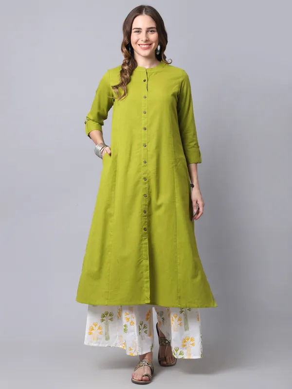 Green_Cotton_Solid_Kurta_With_Printed_Flair_Palazzo_Bottom_Set