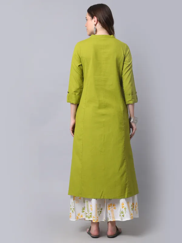Green_Cotton_Solid_Kurta_With_Printed_Flair_Palazzo_Bottom_Set