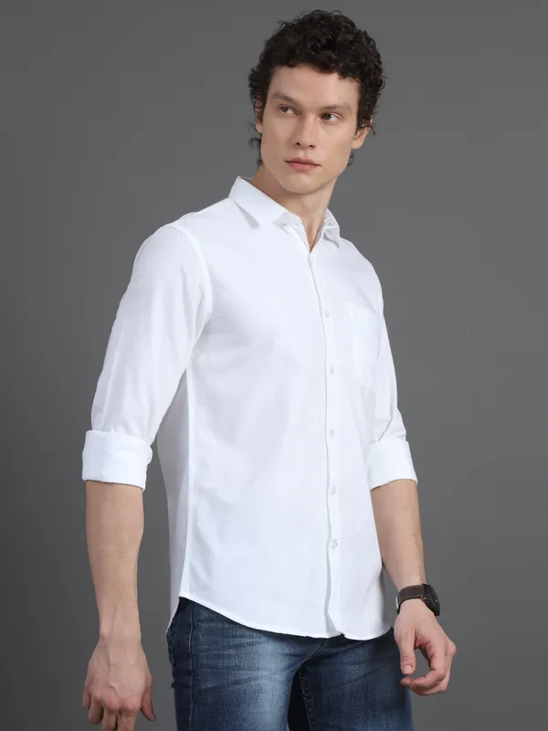 White_Plain_Full_Sleeve_Oxford_Cotton_Shirt_For_Men