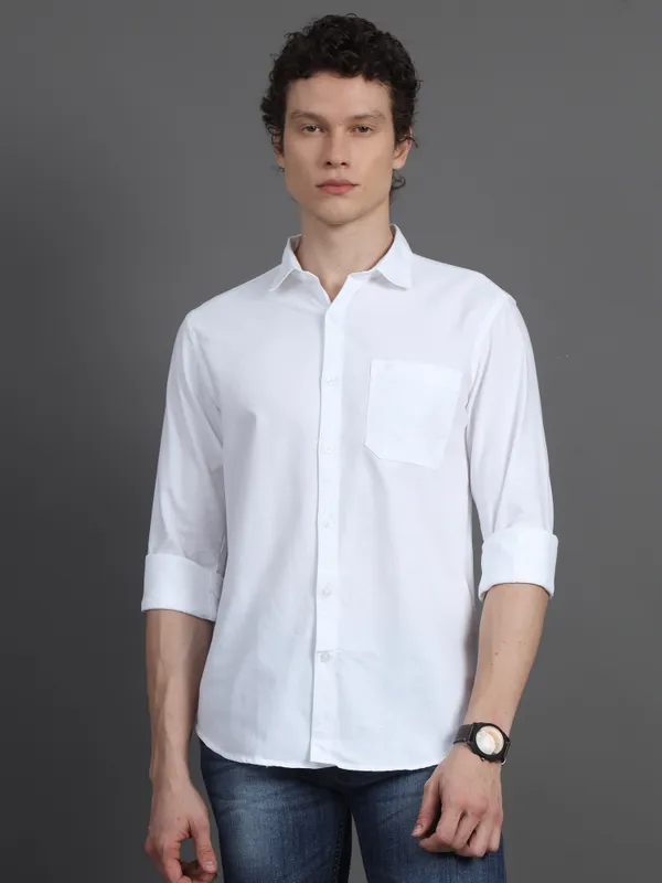 White_Plain_Full_Sleeve_Oxford_Cotton_Shirt_For_Men