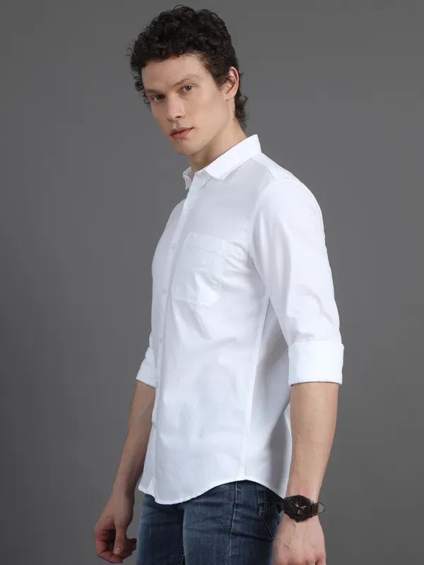 White_Plain_Full_Sleeve_Oxford_Cotton_Shirt_For_Men