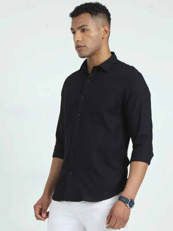 Black_Plain_Full_Sleeve_Slub_Cotton_Shirt_For_Men