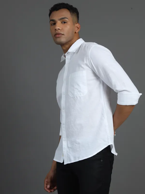White_Plain_Full_Sleeve_Slub_Cotton_Shirt_For_Men