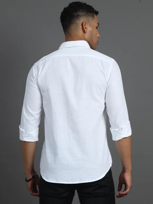 White_Plain_Full_Sleeve_Slub_Cotton_Shirt_For_Men