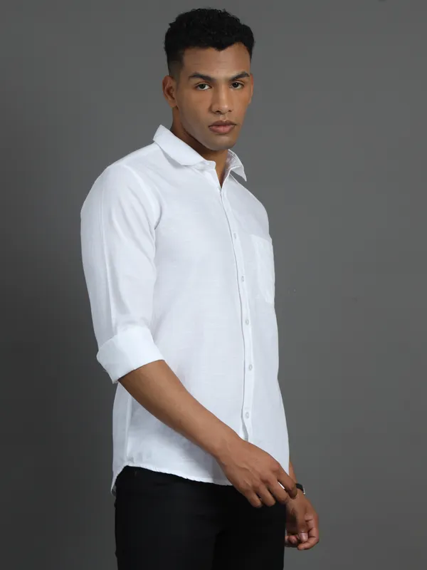 White_Plain_Full_Sleeve_Slub_Cotton_Shirt_For_Men
