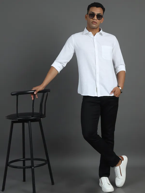 White_Plain_Full_Sleeve_Slub_Cotton_Shirt_For_Men