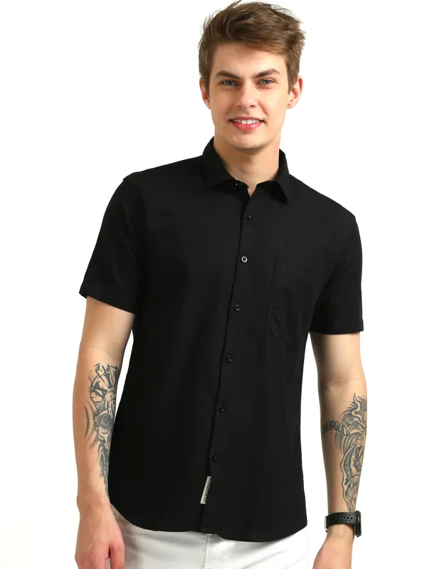 Black_Plain_Half_Sleeve_Slub_Cotton_Shirt_For_Men