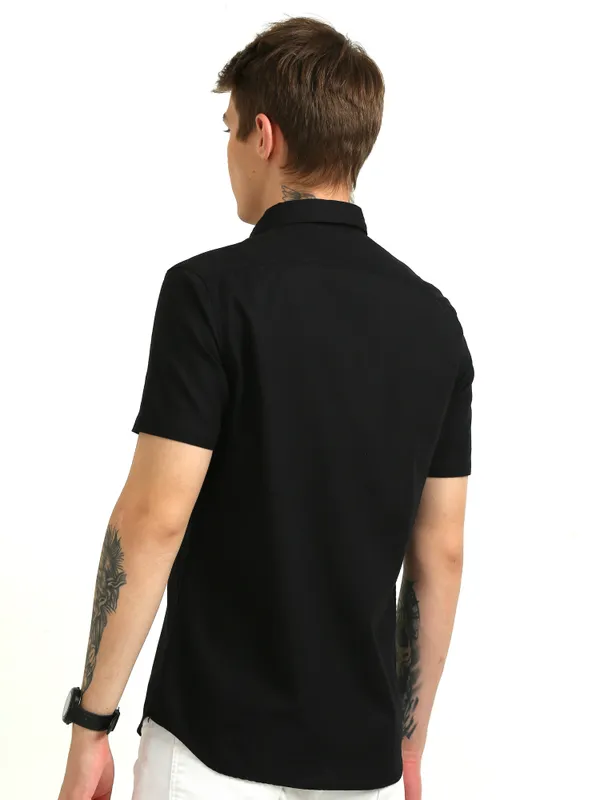 Black_Plain_Half_Sleeve_Slub_Cotton_Shirt_For_Men