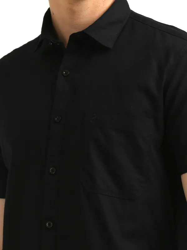 Black_Plain_Half_Sleeve_Slub_Cotton_Shirt_For_Men
