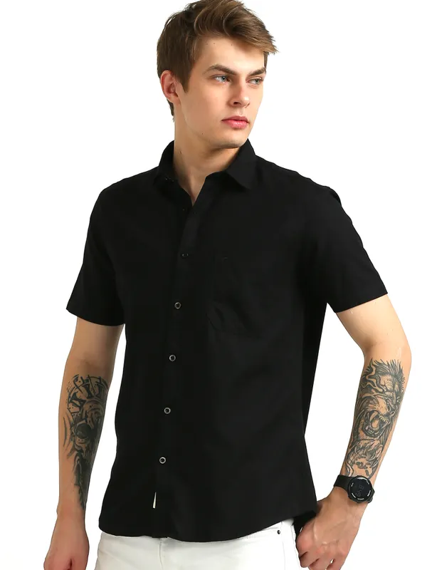 Black_Plain_Half_Sleeve_Slub_Cotton_Shirt_For_Men