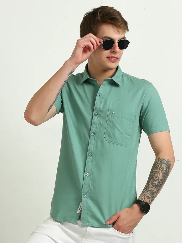 Men's_Turquoise_Slub_Cotton_Half-Sleeve_Shirt