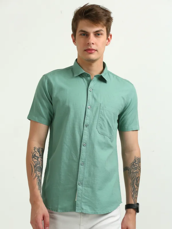 Men's_Turquoise_Slub_Cotton_Half-Sleeve_Shirt