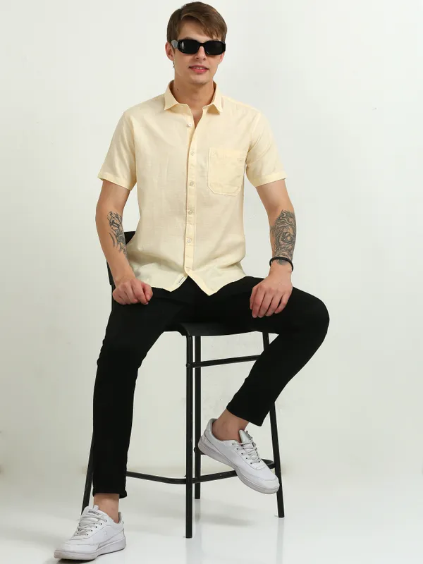 Yellow_Plain_Half_Sleeve_Slub_Cotton_Shirt_For_Men
