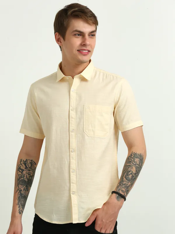 Yellow_Plain_Half_Sleeve_Slub_Cotton_Shirt_For_Men