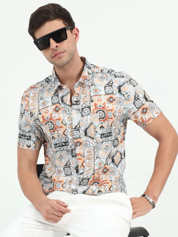 White_&_Orange_Half_Sleeve_Rayon_Shirt_For_Men