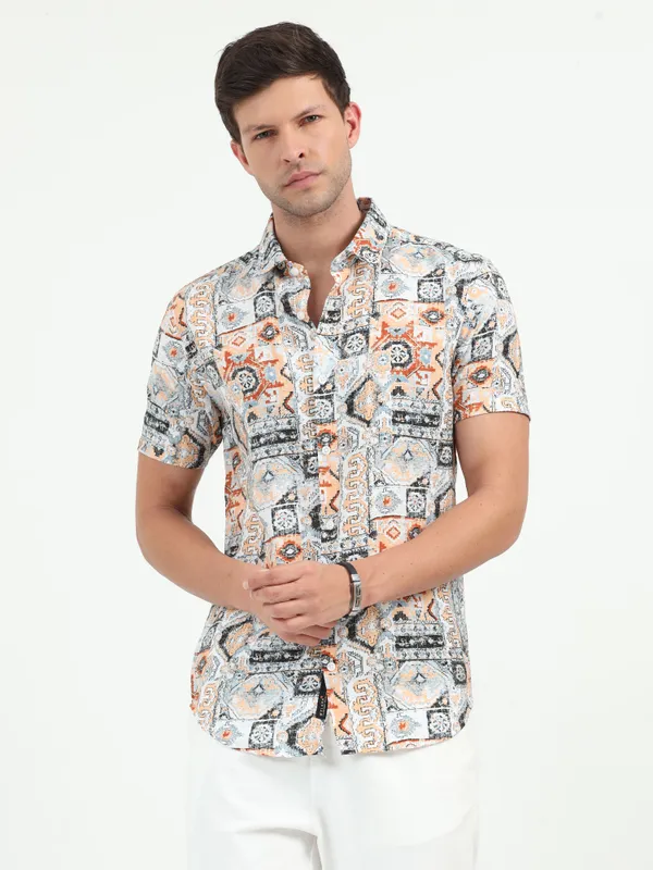 White_&_Orange_Half_Sleeve_Rayon_Shirt_For_Men