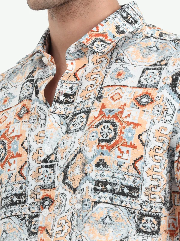 White_&_Orange_Half_Sleeve_Rayon_Shirt_For_Men