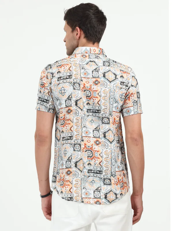 White_&_Orange_Half_Sleeve_Rayon_Shirt_For_Men