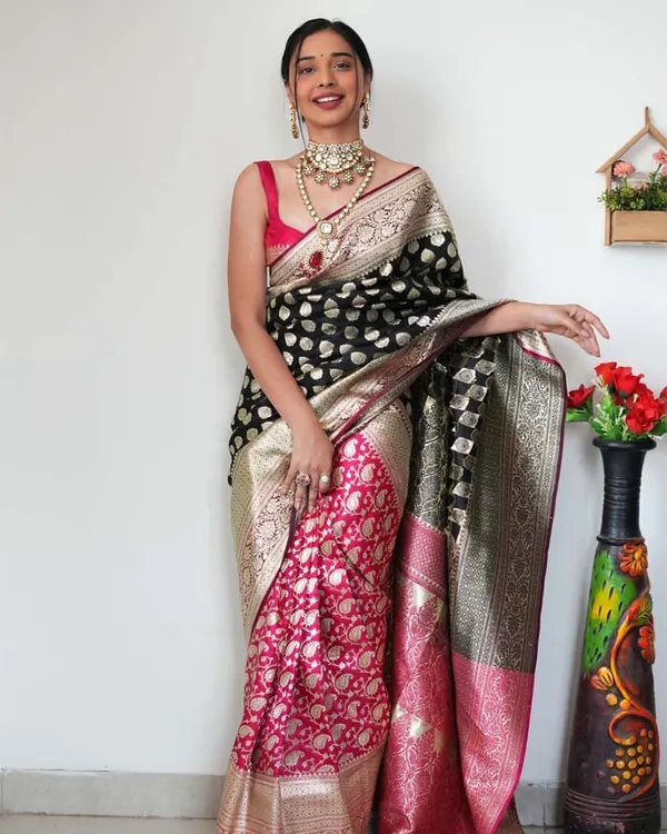 Black_Color_Ready_To_Wear_New_Collection_Soft_Banarasi_Silk_Saree_With_Golden_Zari_Work
