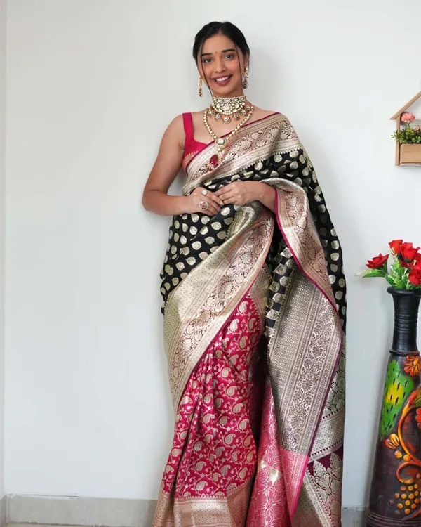 Black_Color_Ready_To_Wear_New_Collection_Soft_Banarasi_Silk_Saree_With_Golden_Zari_Work