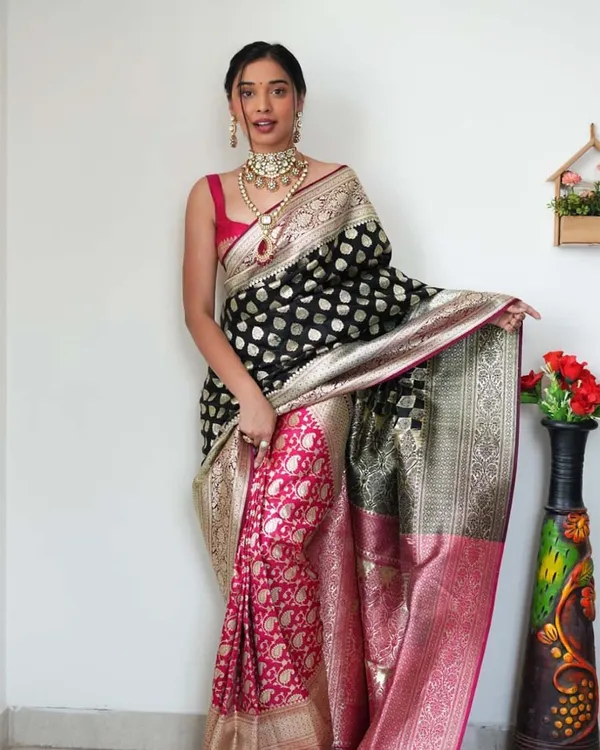 Black_Color_Ready_To_Wear_New_Collection_Soft_Banarasi_Silk_Saree_With_Golden_Zari_Work