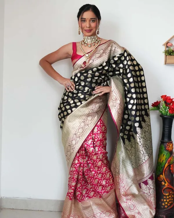 Black_Color_Ready_To_Wear_New_Collection_Soft_Banarasi_Silk_Saree_With_Golden_Zari_Work