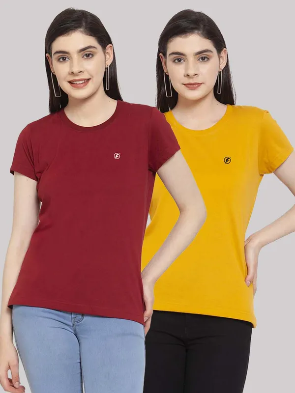 Pack_of_2_Maroon_&_Mustard_Cotton_Round_Neck_Short_Sleeves_T-Shirt_For_Women