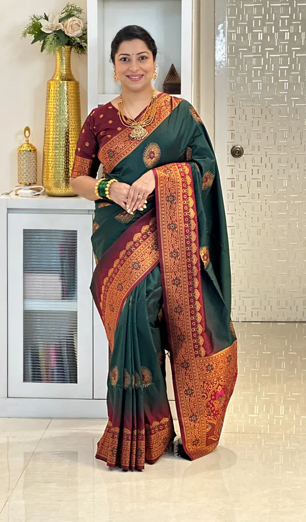 Jenni_Dark_Green_–_Wedding_Special_|_Premium_Soft_Banarasi_Silk_Saree_with_Weaving_Pattern,_Pallu_&_Border,_Weaving_Blouse_with_Tassels